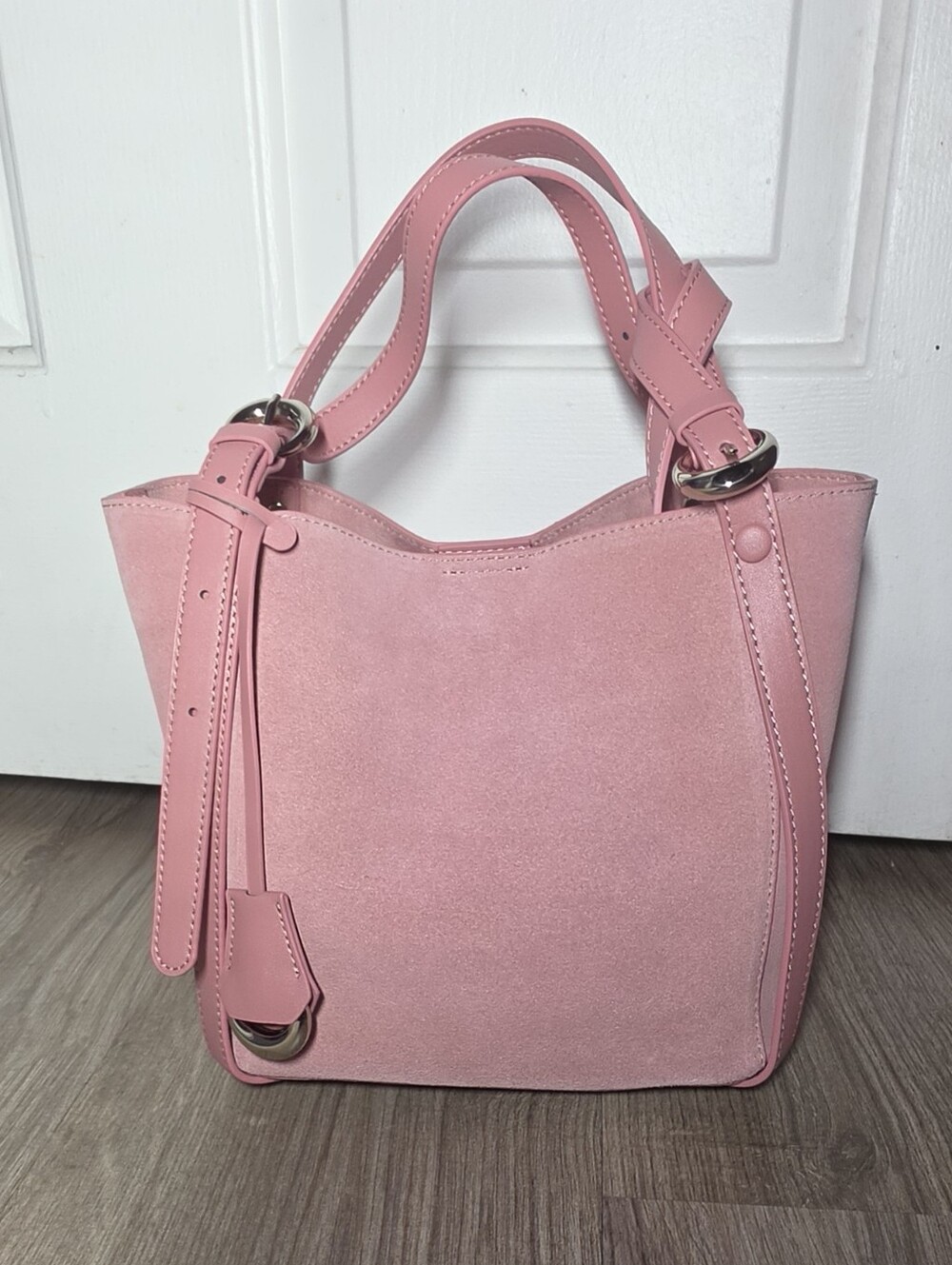 Suede Bucket Bag In Pink - Picture 8 of 9